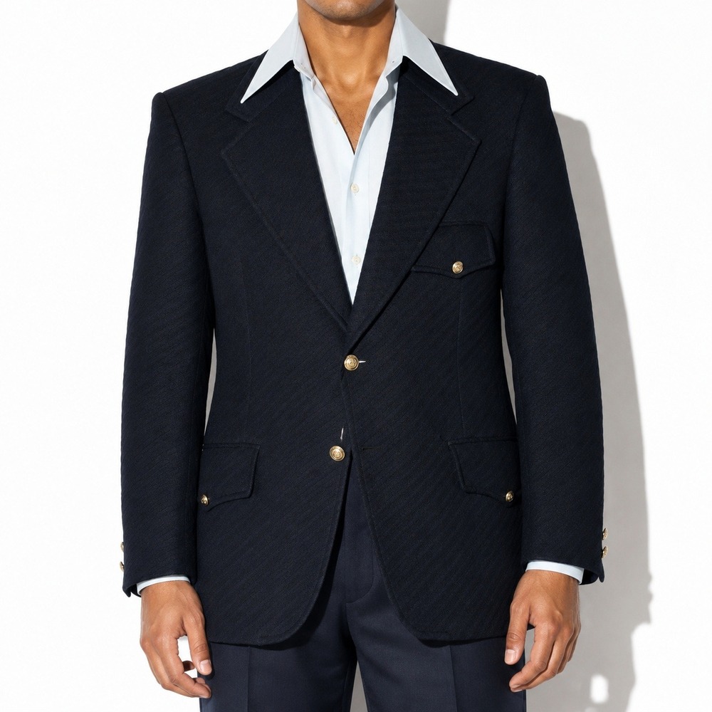 70s Vintage Mens Polyester Blazer 42R Navy Blue Twill Utility Sport Jacket Mod